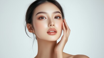 A portrait of an elegant Asian woman showcasing smooth, clear skin and subtle makeup. The image radiates beauty and grace with a minimalist aesthetic.