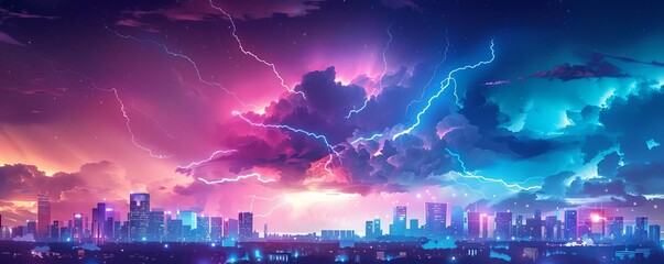 Obraz premium Lightning strikes over a glowing city skyline at night.
