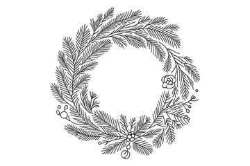 Christmas wreath, vector illustration. Continuous line drawing