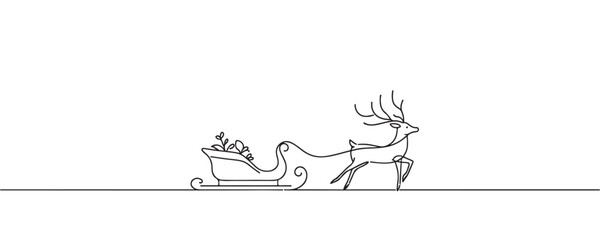 One continuous line drawing Santa Claus on reindeer and sled. concept for Christmas and New Year. vector illustration.