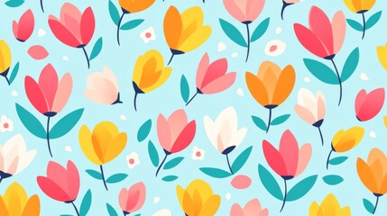 Fototapeta premium A colorful floral pattern on a blue background. The flowers are in various colors and sizes, and they are arranged in a way that creates a sense of movement and energy. Scene is cheerful and uplifting