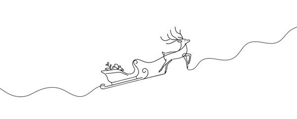 One continuous line drawing Santa Claus on reindeer and sled. concept for Christmas and New Year. vector illustration.