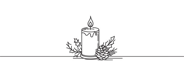 Christmas candle icon, candle with bell drawn with one continuous line. Vector illustration