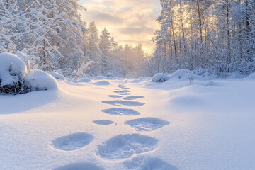 Footprints in fresh snow lead through a tranquil winter forest