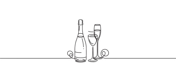 Continuous one line drawing of champagne bottle and glasses. vector illustration