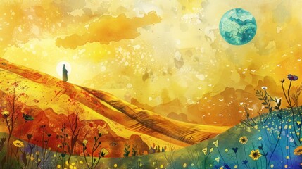 The essence of Shavuot showcasing a vibrant hillside adorned with flowers under a bright sun. A figure stands symbolizing the connection to nature and tradition