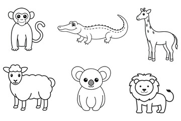 A charming vector set of animal line art illustrations, featuring a crocodile, giraffe, koala, monkey, lion, and sheep. Perfect for educational, playful, and nature-themed designs.