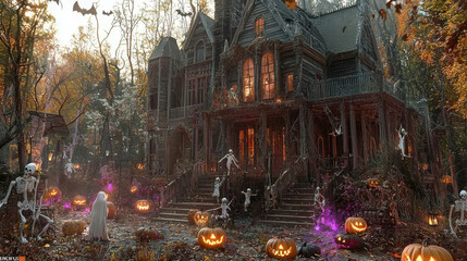 Obraz premium Eerie Halloween Decorated House with Spooky Atmosphere
