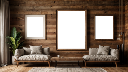 PNG, transparent background, modern living room with rustic furniture and wooden wall with three pictures for mockup	