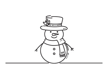 Simple one line drawing of a cheerful snowman in a scarf and hat, vector illustration