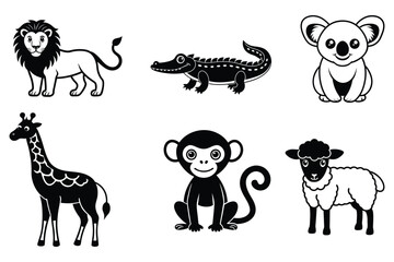 A charming vector set of animal line art illustrations, featuring a crocodile, giraffe, koala, monkey, lion, and sheep. Perfect for educational, playful, and nature-themed designs.