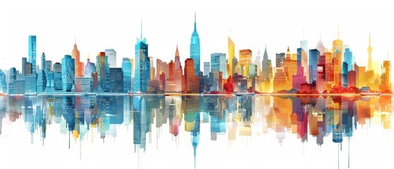 Naklejka premium Vibrant City Skyline Reflection at Dusk