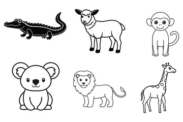 A charming vector set of animal line art illustrations, featuring a crocodile, giraffe, koala, monkey, lion, and sheep. Perfect for educational, playful, and nature-themed designs.