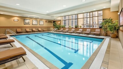 An empty indoor swimming pool, with clean blue water and tiled lanes, creating a calm and organized atmosphere.