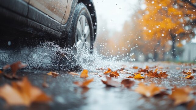 A car drives through a puddle on a wet asphalt road. The tire splashes water and creates a small wave. Fallen leaves are scattered on the road, and the rain is falling heavily.