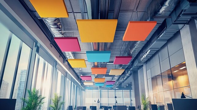Acoustic ceiling sound absorb. Modern office interior with colorful ceiling panels and large windows.