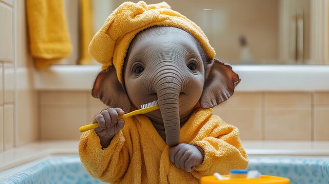 Bathroom baby elephant brushing teeth with toothbrush wearing pajama and towel turban