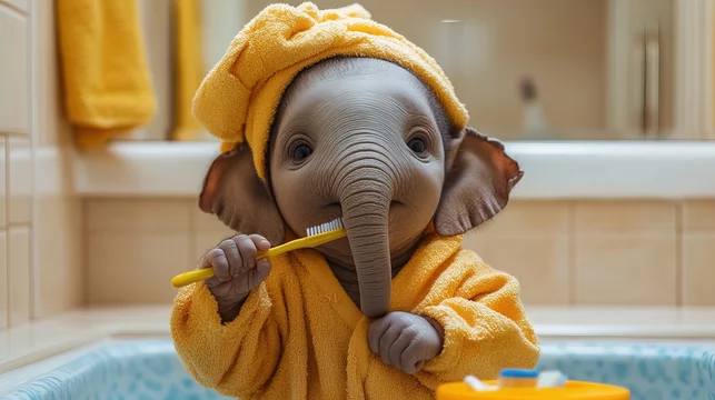 Bathroom baby elephant brushing teeth with toothbrush wearing pajama and towel turban