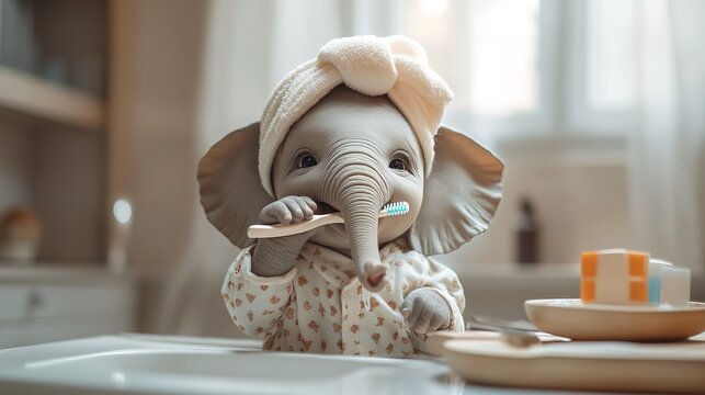 Bathroom baby elephant brushing teeth with toothbrush wearing pajama and towel turban