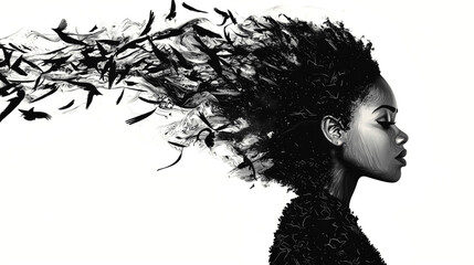 Fototapeta premium Woman blending with birds flying in her hair