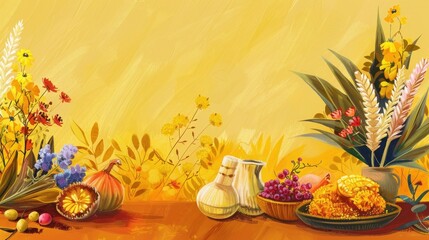 A lively display celebrates Shavuot showcasing an array of fresh fruits vegetables and vibrant flowers arranged beautifully. This inviting setting captures the essence of the holiday spirit