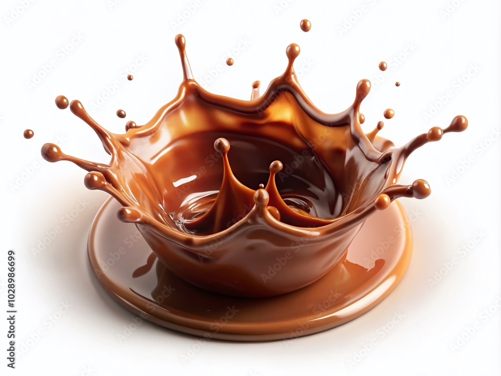 Poster intimate shot of coffee or liquid chocolate splashing against a white backdrop. perfect for minimali