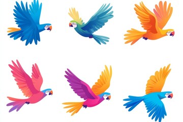 A series of colorful birds flying in the sky. The birds are of different colors and sizes, and they are all flying in different directions. The scene is lively and full of energy