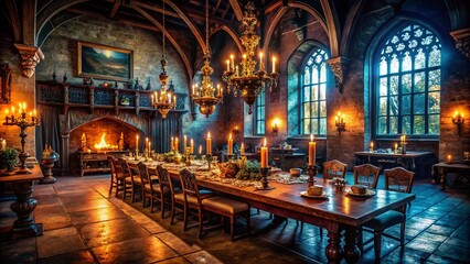 Obraz premium In the shadowy halls of the Gothic castle, an Enchanted Dining Hall beckons with flickering candles, haunting whispers, and a feast infused with dark