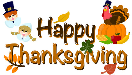 Happy Thanksgiving with pilgrims, a turkey and crops