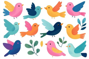Naklejka premium A set of colorful birds with green leaves in the background. The birds are in various positions, some are flying and others are perched. Scene is cheerful and lively