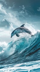 Fototapeta premium Graceful dolphin leaping out of turquoise ocean waves, 4K hyperrealistic photo.
