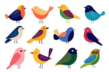 Obraz premium A set of colorful birds with different colors and sizes. The birds are arranged in a row, with some standing upright and others sitting down. Scene is cheerful and lively