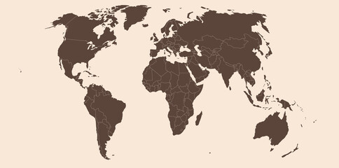 Map of the world. Solid silhouettes continents on a beige background. Banner, background for website or print. Vector graphics.