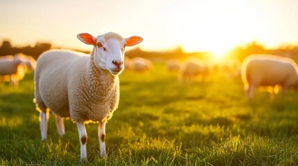 Obraz premium A sheep stands in a field of grass with the sun shining on it. The sheep is the center of attention, and the rest of the sheep are scattered around it. Concept of peace and tranquility