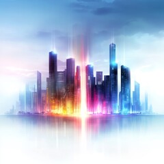 Futuristic Cityscape with Neon Lights and Skyscrapers