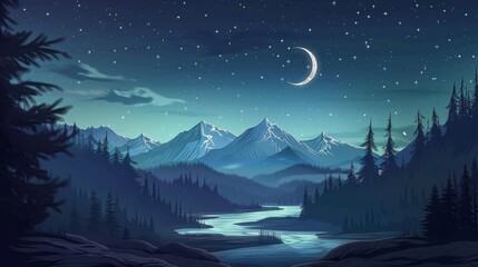 A serene night landscape with a full moon, stars, mountains, and a river flowing through a forest. The scene is tranquil and picturesque, highlighting the beauty of nature at night.