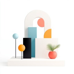 Minimalist Geometric Shapes with Palm Leaf and Colorful Spheres on White Platform