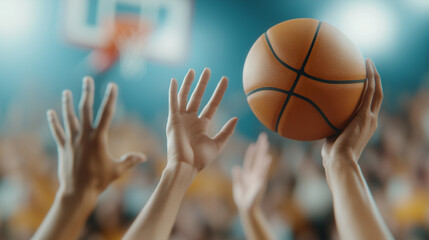 A basketball in midair, about to pass through a hoop. Include multiple player hands reaching up around the ball.