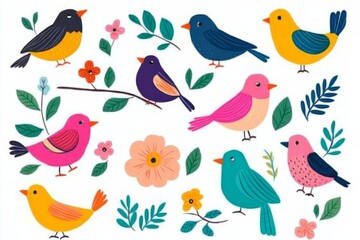 A set of colorful birds with flowers in the background. The birds are arranged in a row, with some standing on branches and others perched on leaves. Scene is cheerful and lively, with the birds
