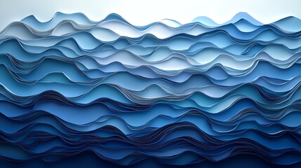 Abstract layered paper cut waves in different shades of blue, forming a fluid ocean scene, paper cut waves, layered ocean design