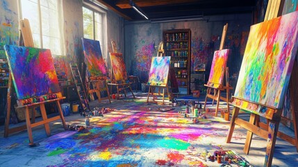 Vibrant art studio filled with colorful paintings and supplies.