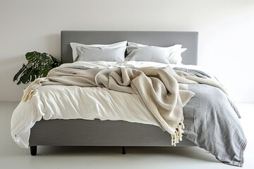 Comfortable gray bed on white background