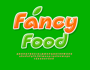 Vector eco badge Fancy Food. Bright Creative Font. Glossy handwritten Alphabet Letters and Numbers set.