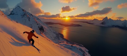 A breathtaking view of a skier gliding down a snowy mountain in Norway at sunset, showcasing the beauty of nature and adventure in an awe-inspiring landscape.