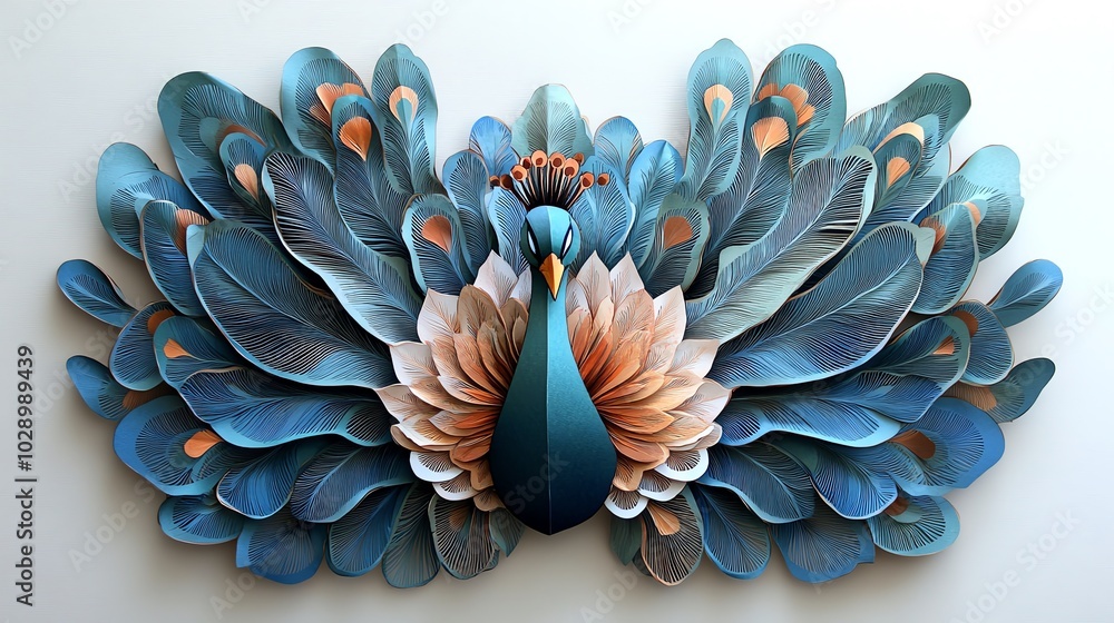 Poster paper cut peacock with layered feathers in intricate patterns, creating a detailed and elegant wall 