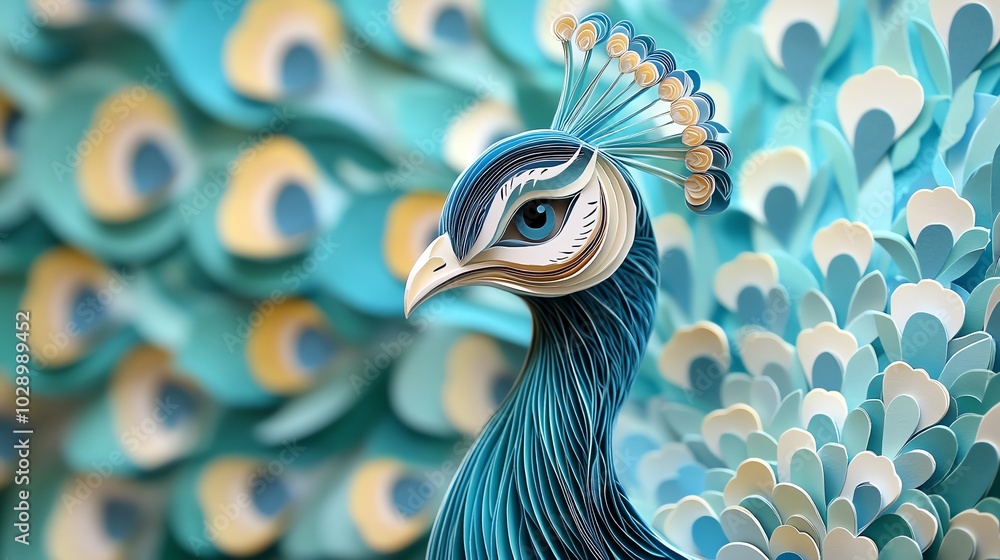 Poster paper cut peacock with layered feathers in intricate patterns, creating a detailed and elegant wall 