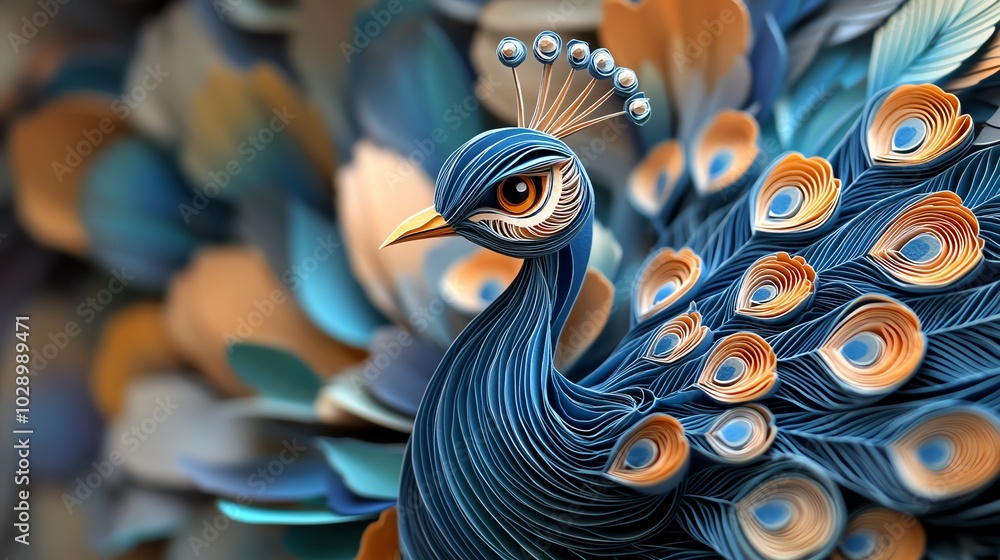 Poster paper cut peacock with layered feathers in intricate patterns, creating a detailed and elegant wall 