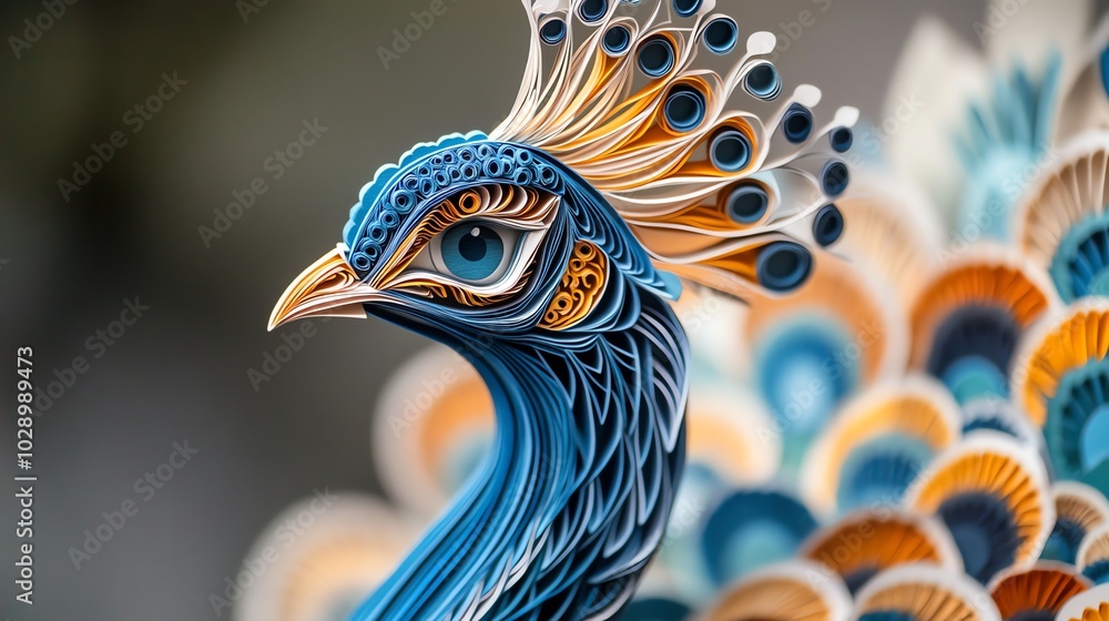 Poster paper cut peacock with layered feathers in intricate patterns, creating a detailed and elegant wall 