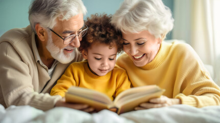 A joyful family moment with grandparents reading to their grandchild. Perfect for themes of family bonding, childhood, and the joy of storytelling or family interactions