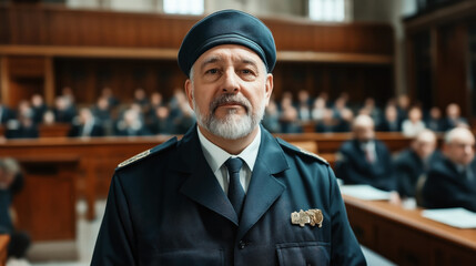 Middle-aged man in uniform standing in a courtroom with blurred audience in the background, conveying a sense of authority and formality.